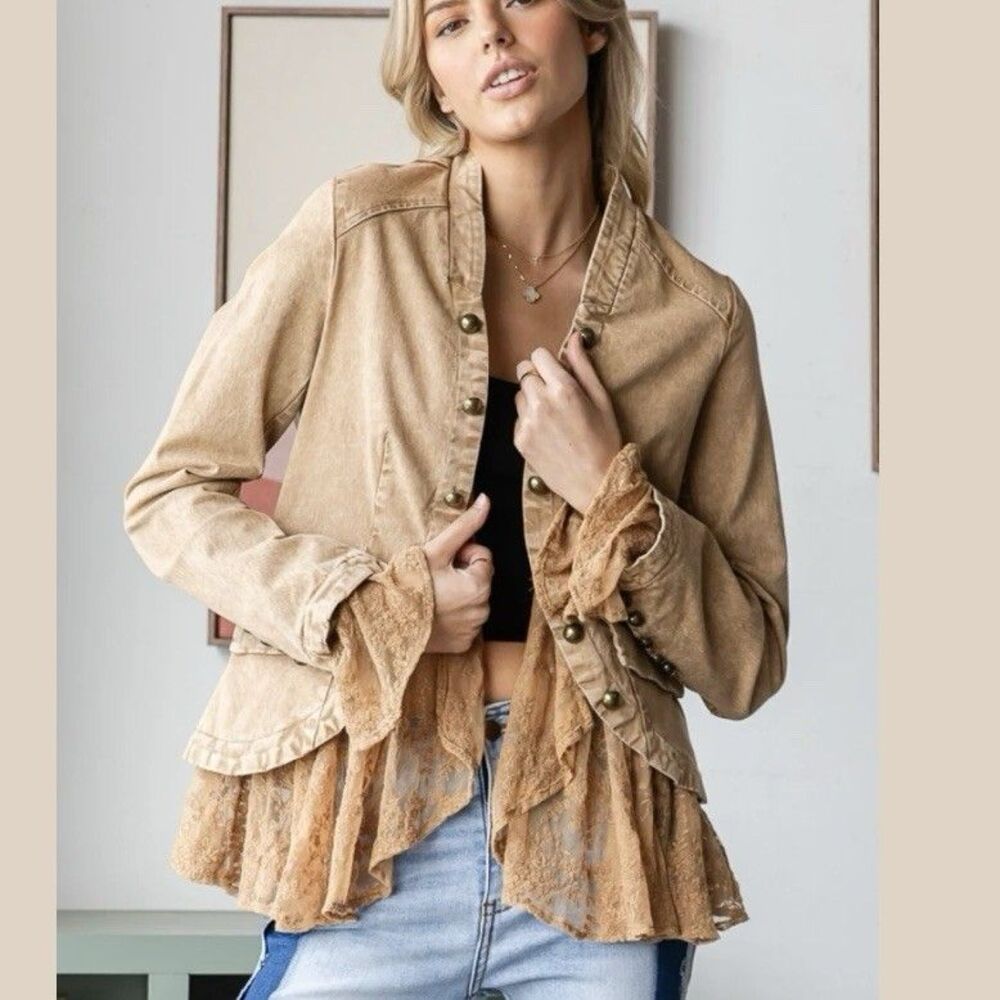 Oli & Hali Washed Curved Hem Jacket with Lace Ruffle Coffee Tan Size Small NWT